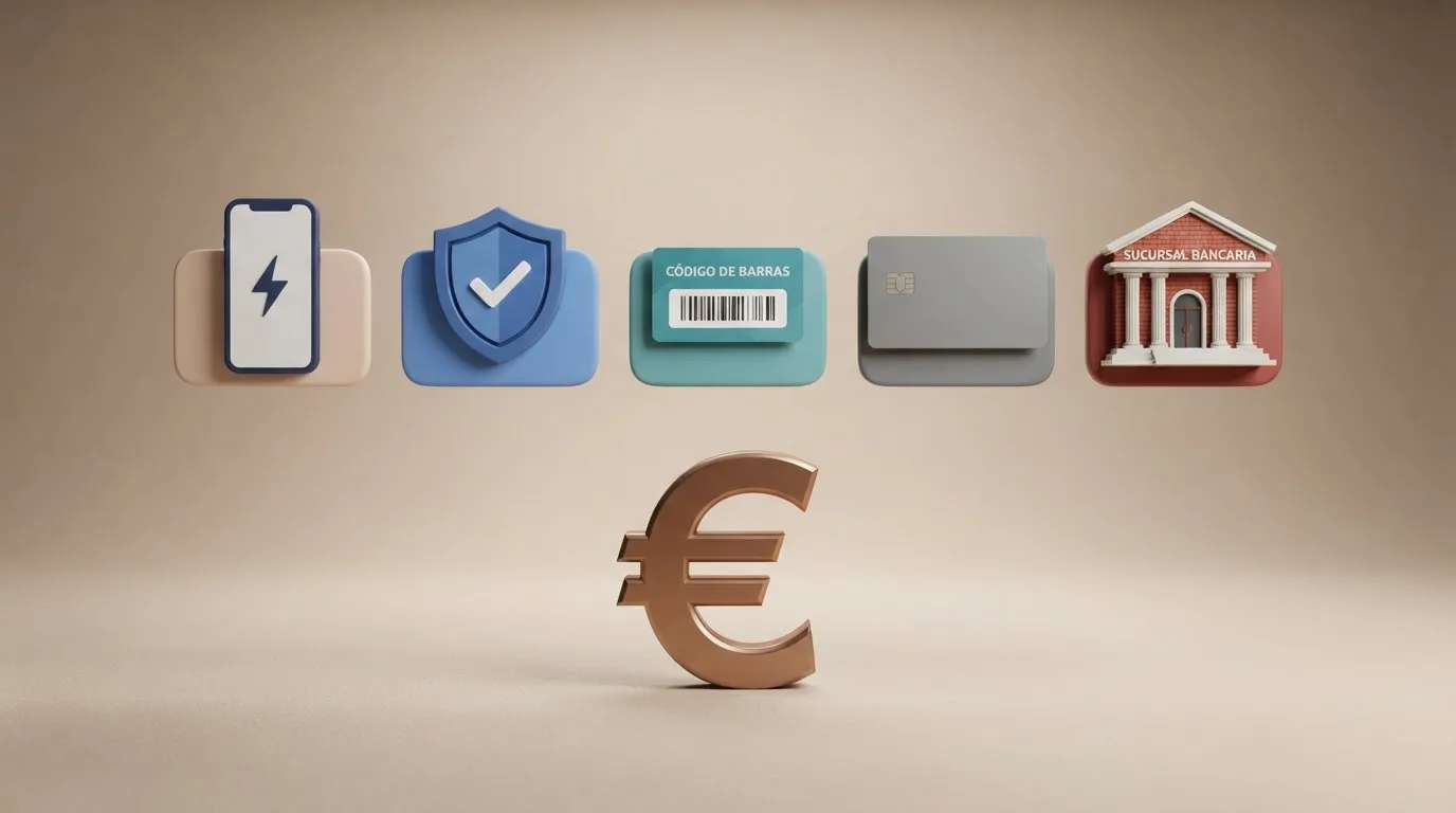 Iconos de los cinco métodos de pago aceptados en casinos DGOJ — Bizum, PayPal, Paysafecard, tarjeta bancaria y transferencia — sobre un fondo de color con el símbolo del euro