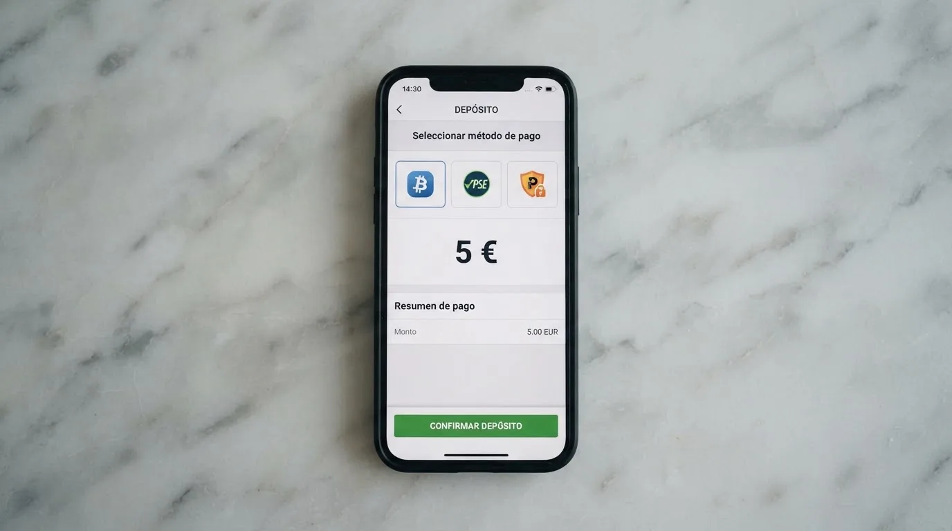 Teléfono móvil mostrando los logotipos de Bizum, Paysafecard y PayPal junto al importe de 5 euros en la pantalla de depósito de un casino