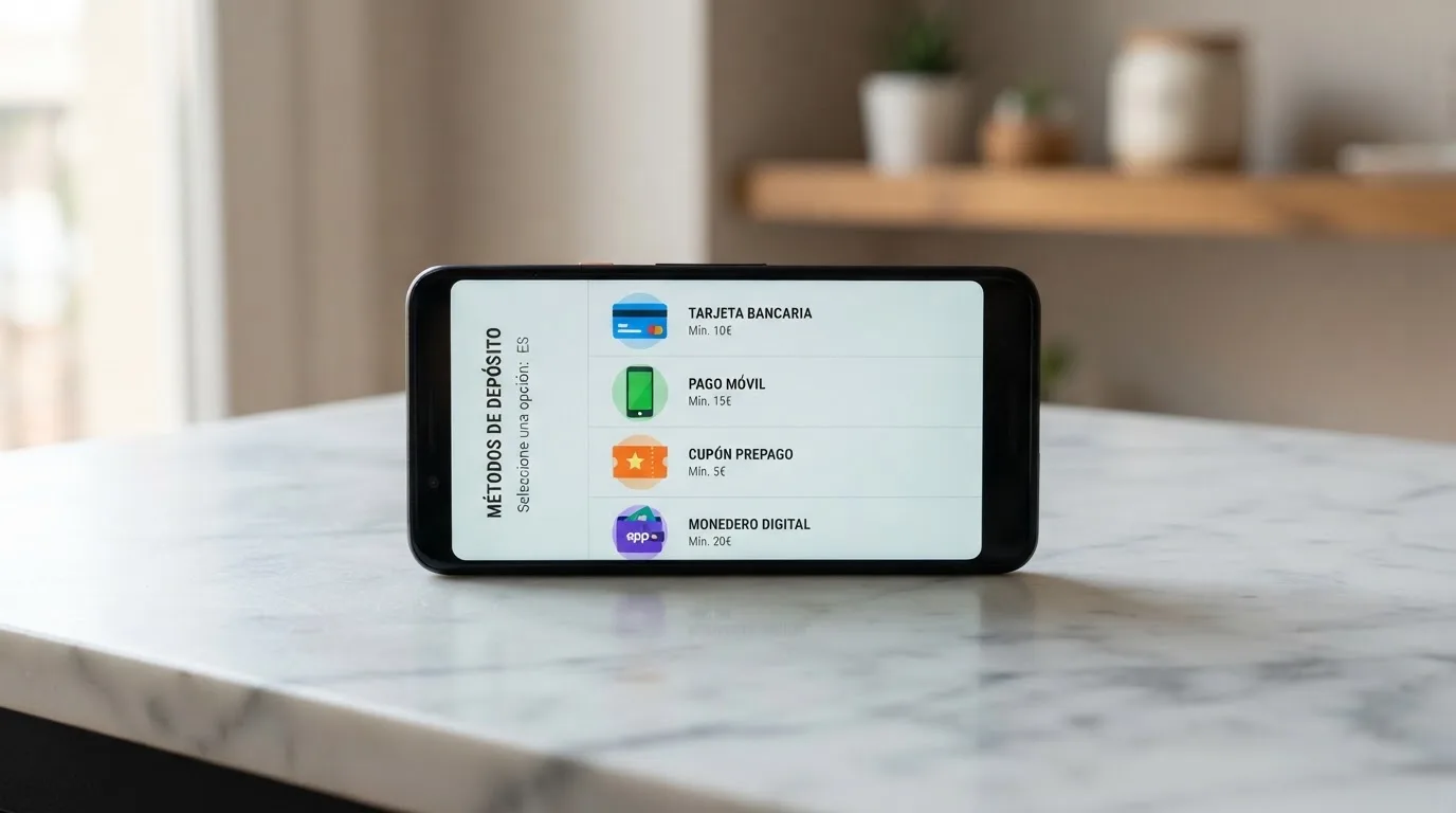 Pantalla de móvil mostrando los logos de Bizum, PayPal, Paysafecard, Visa y Mastercard junto al importe mínimo de cada uno