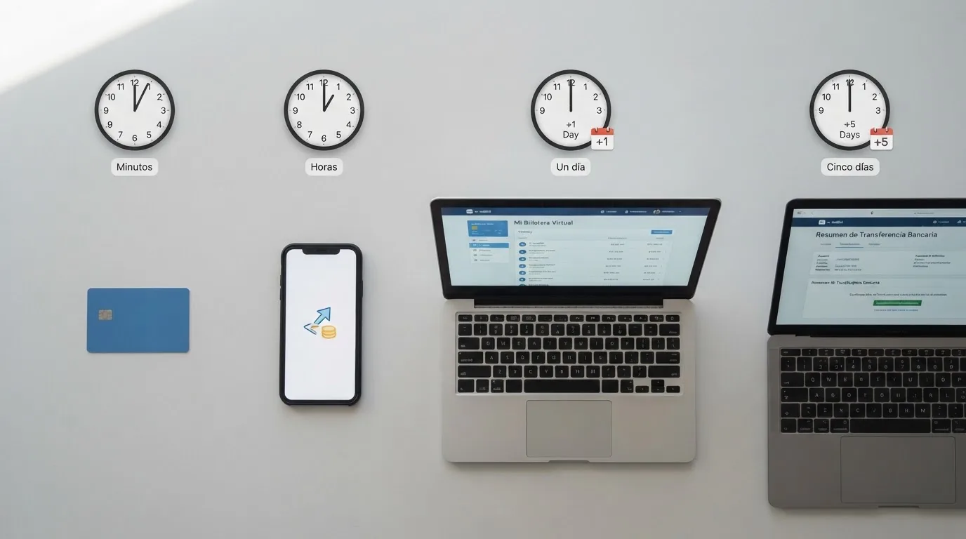 Comparativa visual de cuatro métodos de retirada —tarjeta bancaria, móvil con Bizum, monedero electrónico en pantalla y ordenador con transferencia— cada uno con un icono de reloj que muestra su tiempo real de llegada