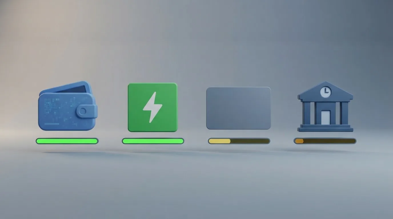 Iconos de métodos de pago — PayPal, Skrill, transferencia bancaria y tarjeta — ordenados por velocidad de liquidación