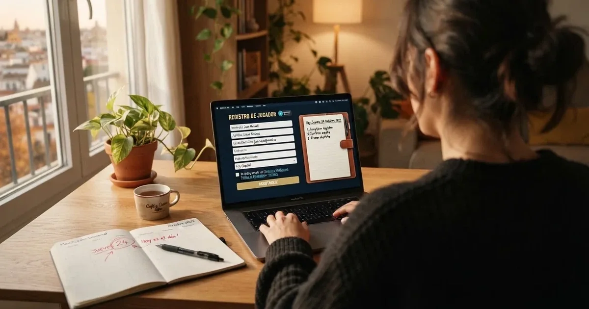 Un ordenador portátil mostrando la página de registro de un casino online con el logo de la DGOJ y un calendario destacando una fecha de licencia reciente