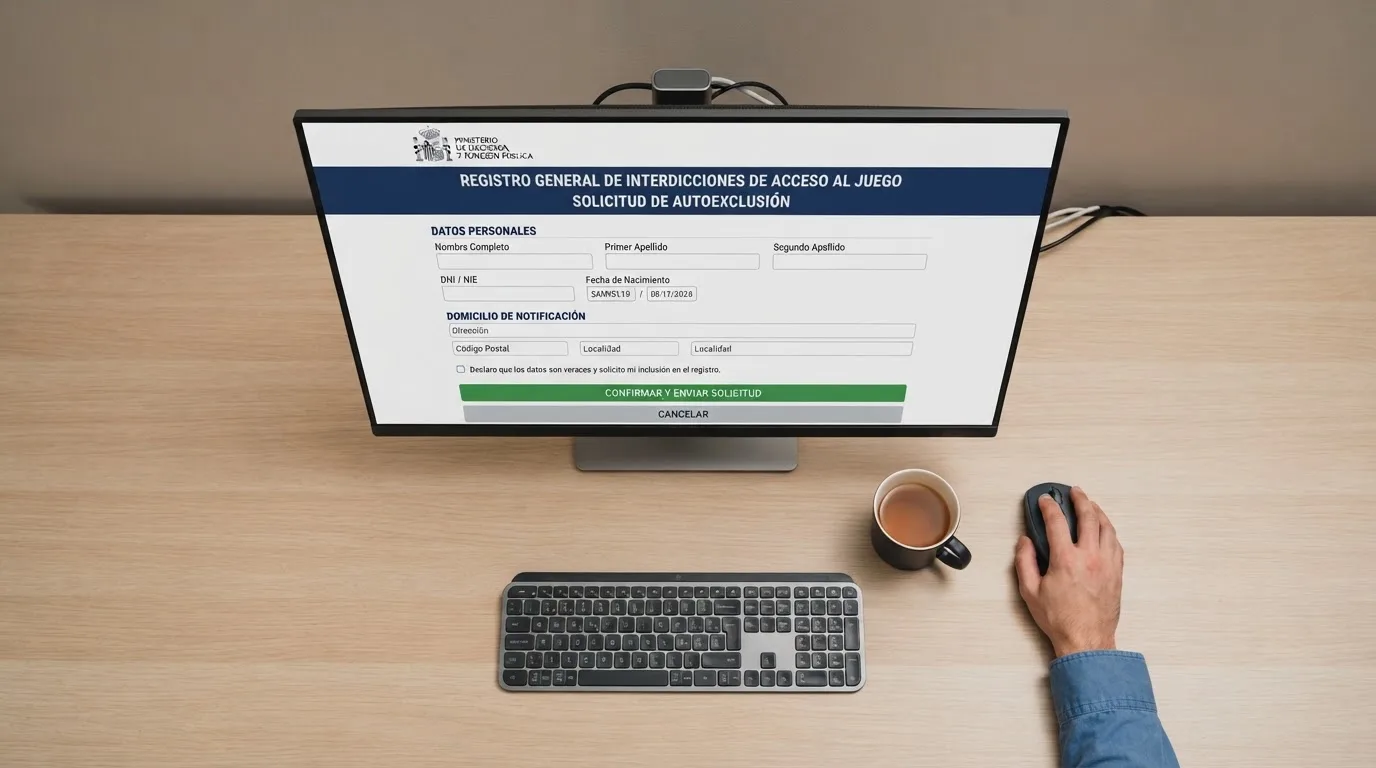 Una mano sobre un ratón frente a una pantalla que muestra el formulario de inscripción de la sede electrónica de la DGOJ con el escudo oficial visible