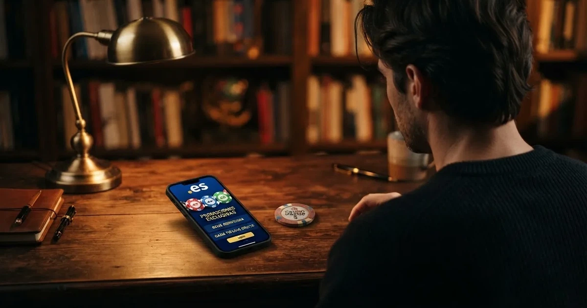 Jugador consultando promociones de casino desde un móvil, con la pantalla mostrando fichas de bono y el dominio .es visible