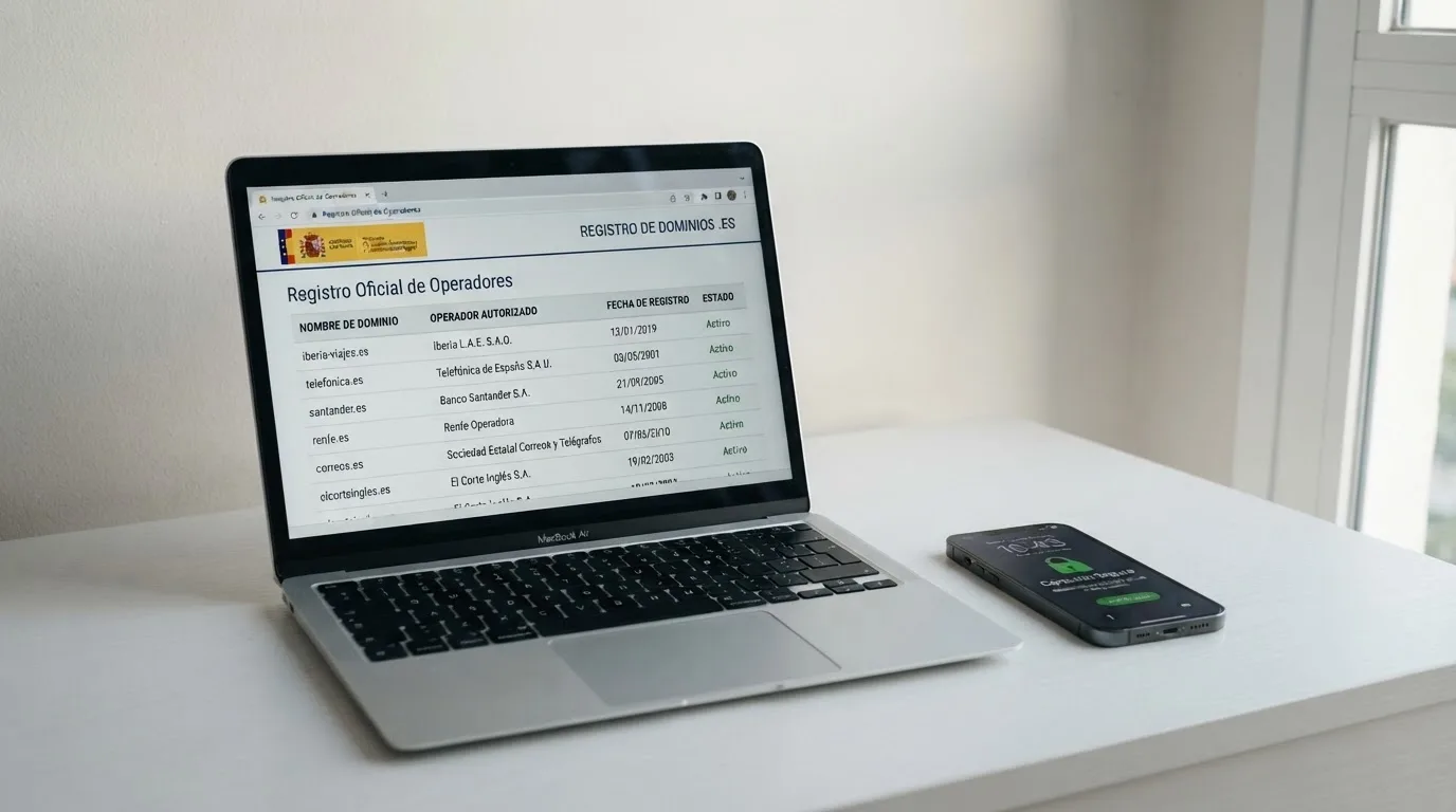 Pantalla del registro público de operadores de la DGOJ en ordenacionjuego.es con el listado de dominios .es autorizados y el escudo institucional visible, junto a un teléfono con el candado de conexión segura