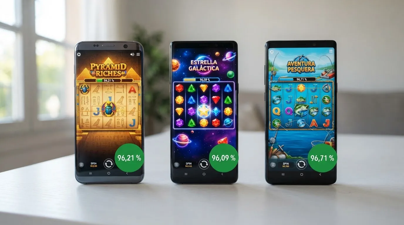 Captura de pantalla dividida de tres tragaperras populares — Book of Dead, Starburst y Big Bass Bonanza — con sus carretes en movimiento y el porcentaje de RTP superpuesto en la esquina de cada una