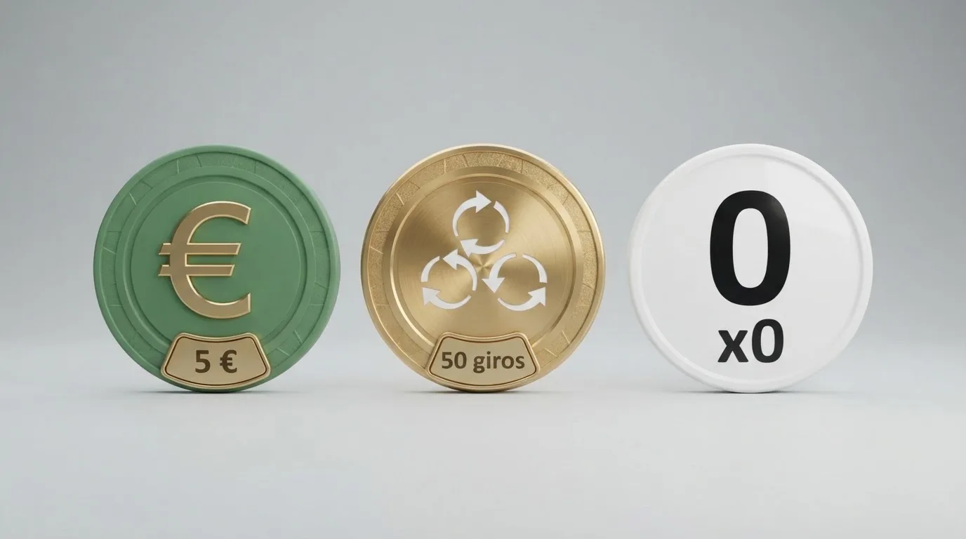Comparativa visual de tres fichas de promoción: bono en efectivo, tiradas gratis y promoción sin wagering, cada una con su importe y condición destacados