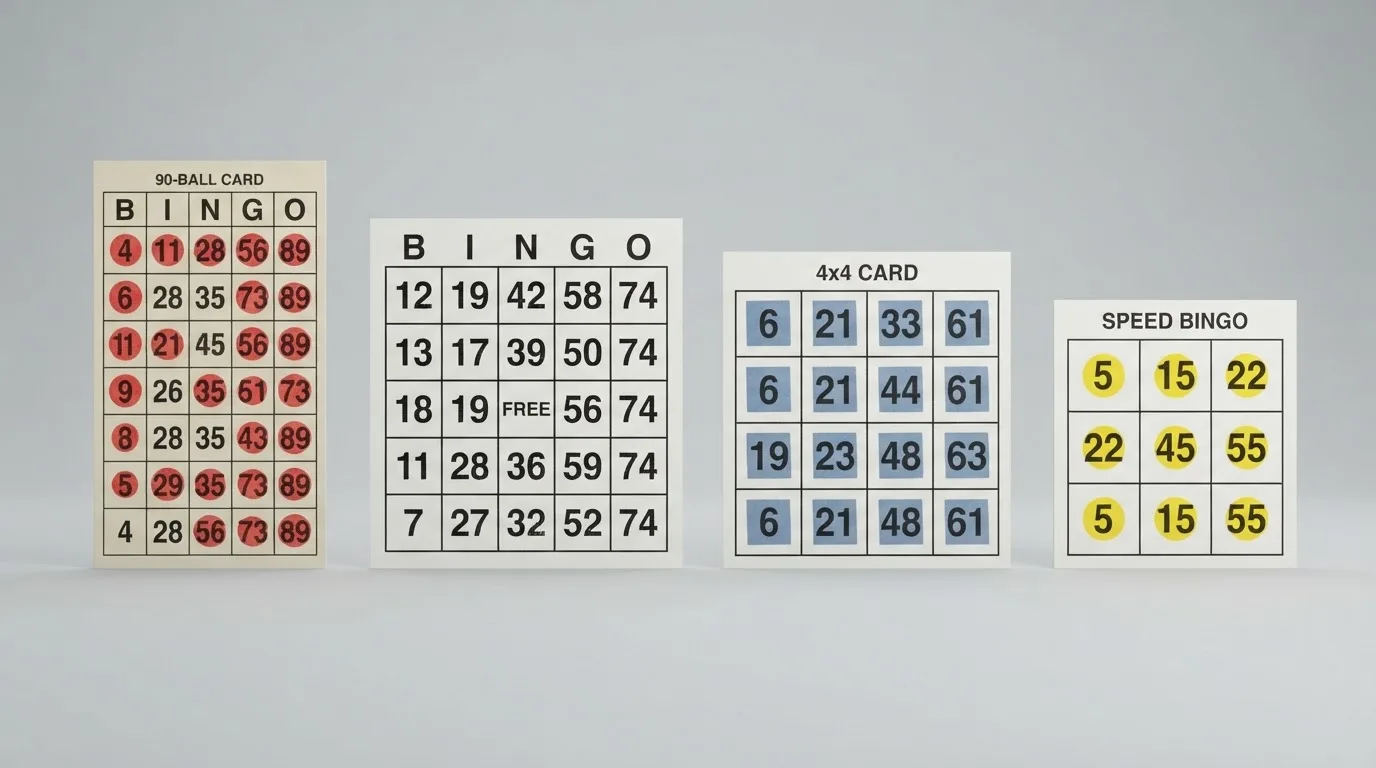 Cuatro cartones de bingo distintos alineados: 90 bolas (3×9), 75 bolas (5×5), 80 bolas (4×4) y 30 bolas (3×3), cada uno con su formato característico