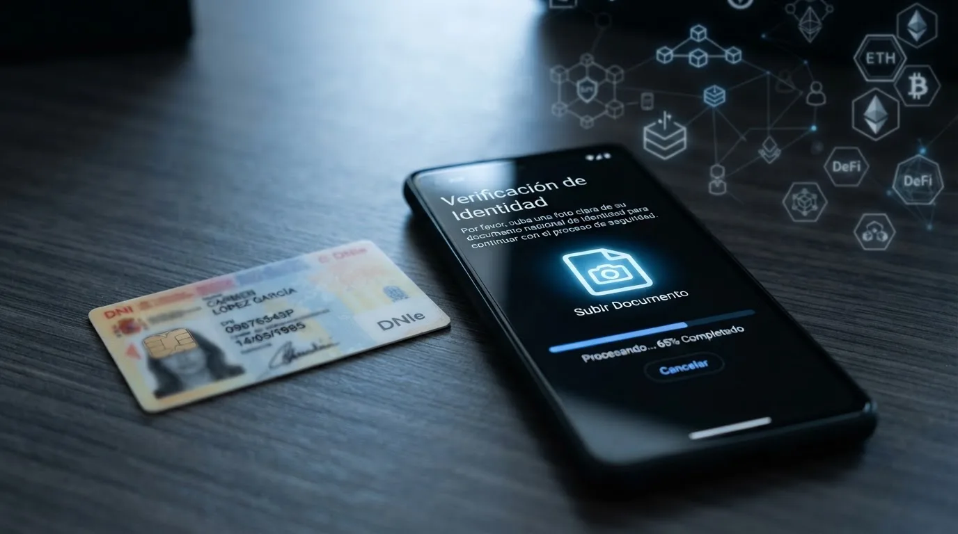 Un primer plano de un documento de identidad junto a un teléfono con la pantalla de un casino que solicita verificación KYC, con símbolos de criptomonedas en segundo plano